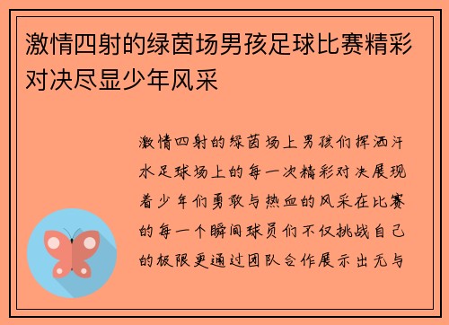 激情四射的绿茵场男孩足球比赛精彩对决尽显少年风采